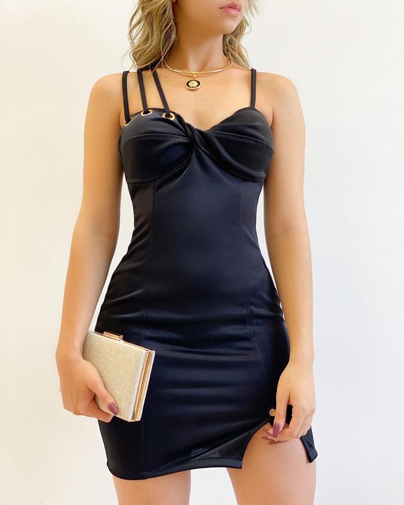 

Eyelet Multi Strap Ruched Slit Bodycon Dress, Black