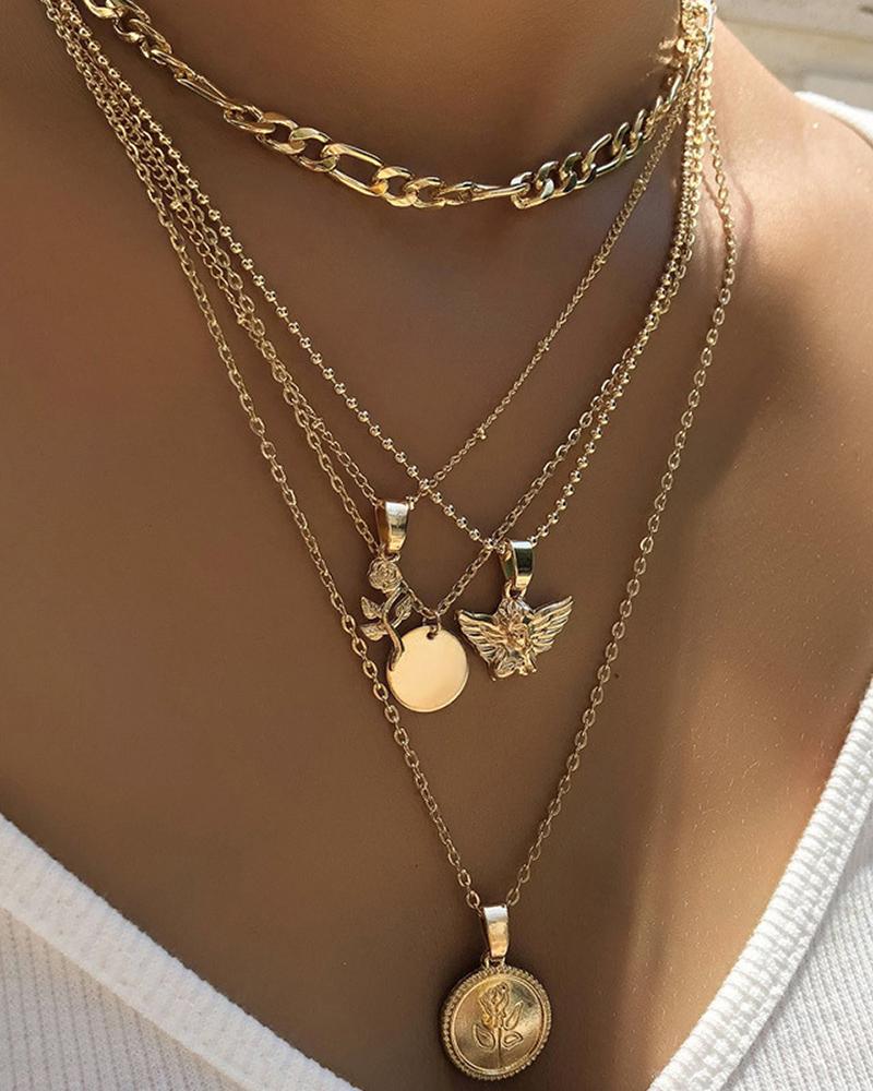 

5pcs Floral Pattern Coin Figure Pendant Multi Layered Necklace, Gold