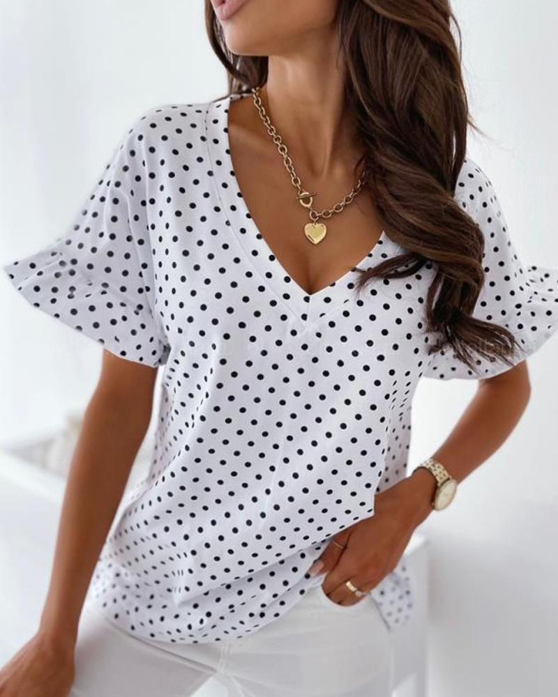 

Polka Dot Ruffles Sleeve Loose Blouse T-shirts, White