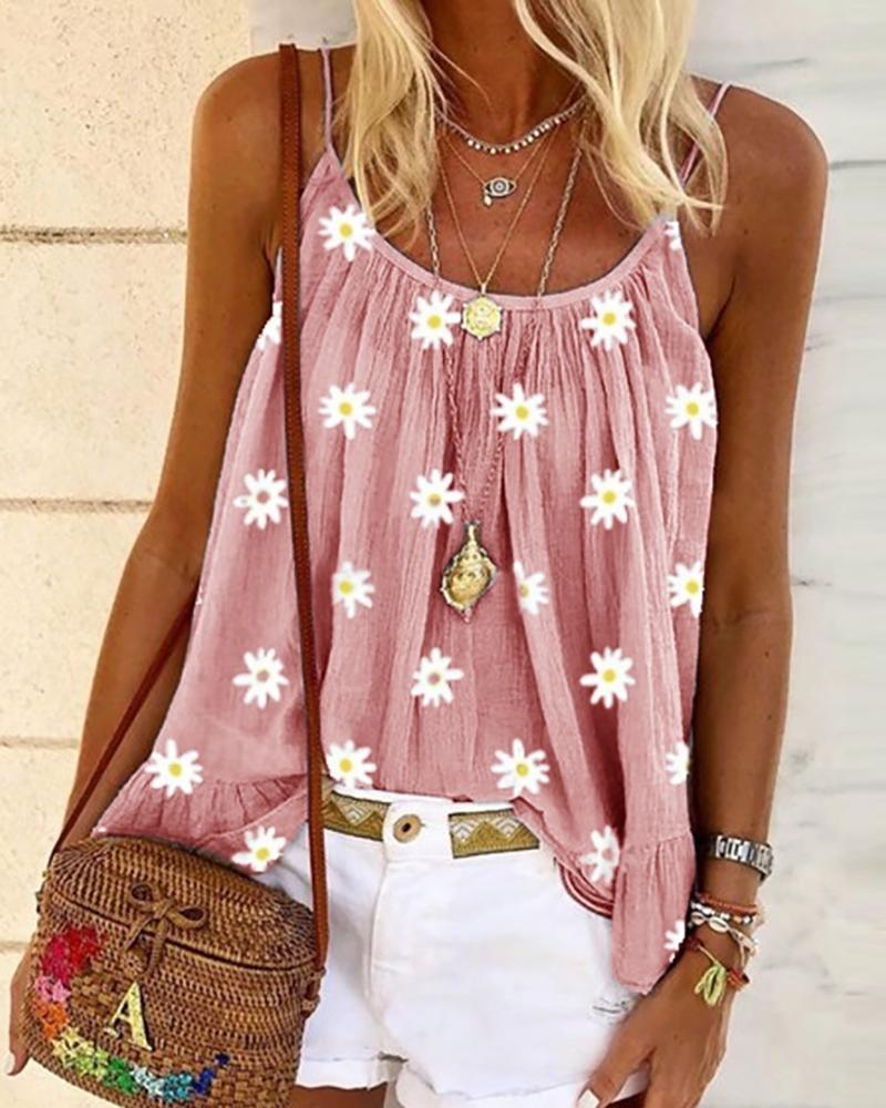 

Daisy Print Ruched Cami Top, Pink