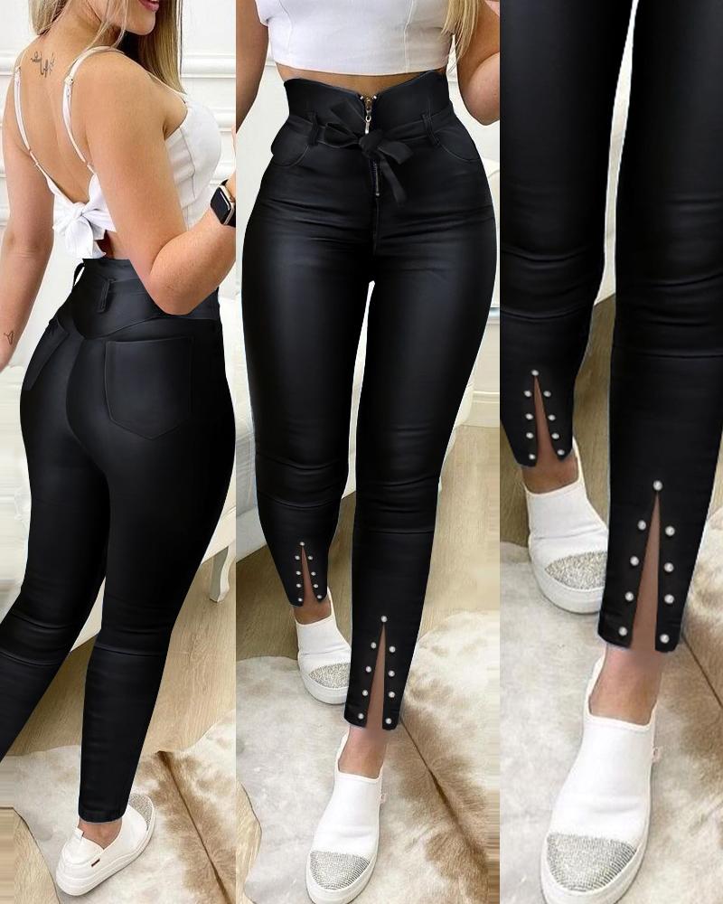 

PU Leather Solid Color High Waist Lace-up Beaded Skinny Pants, Black