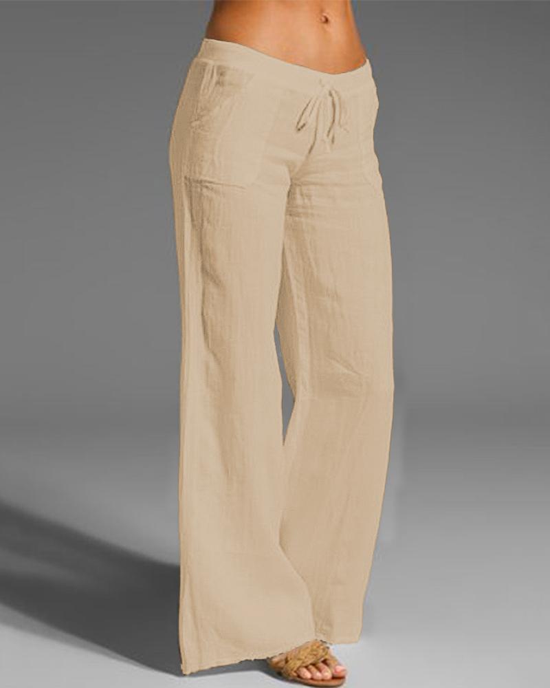 

Plain Drawstring Casual Flared Pants, Khaki