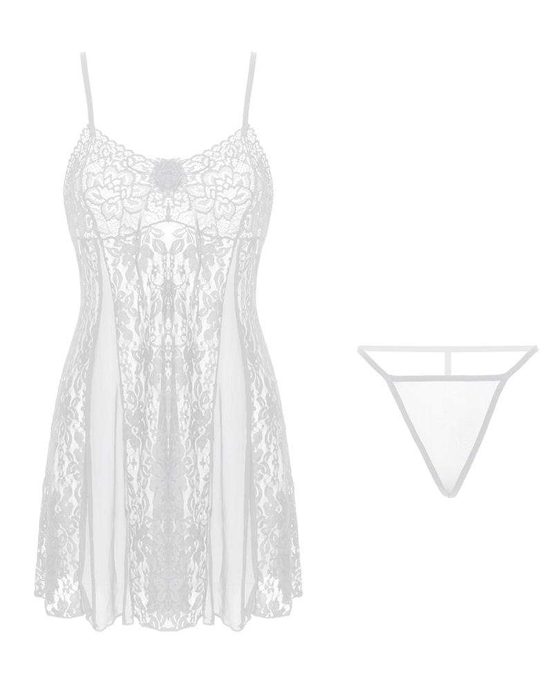 

Sheer Mesh Patch Spaghetti Strap Babydoll With Panty, White