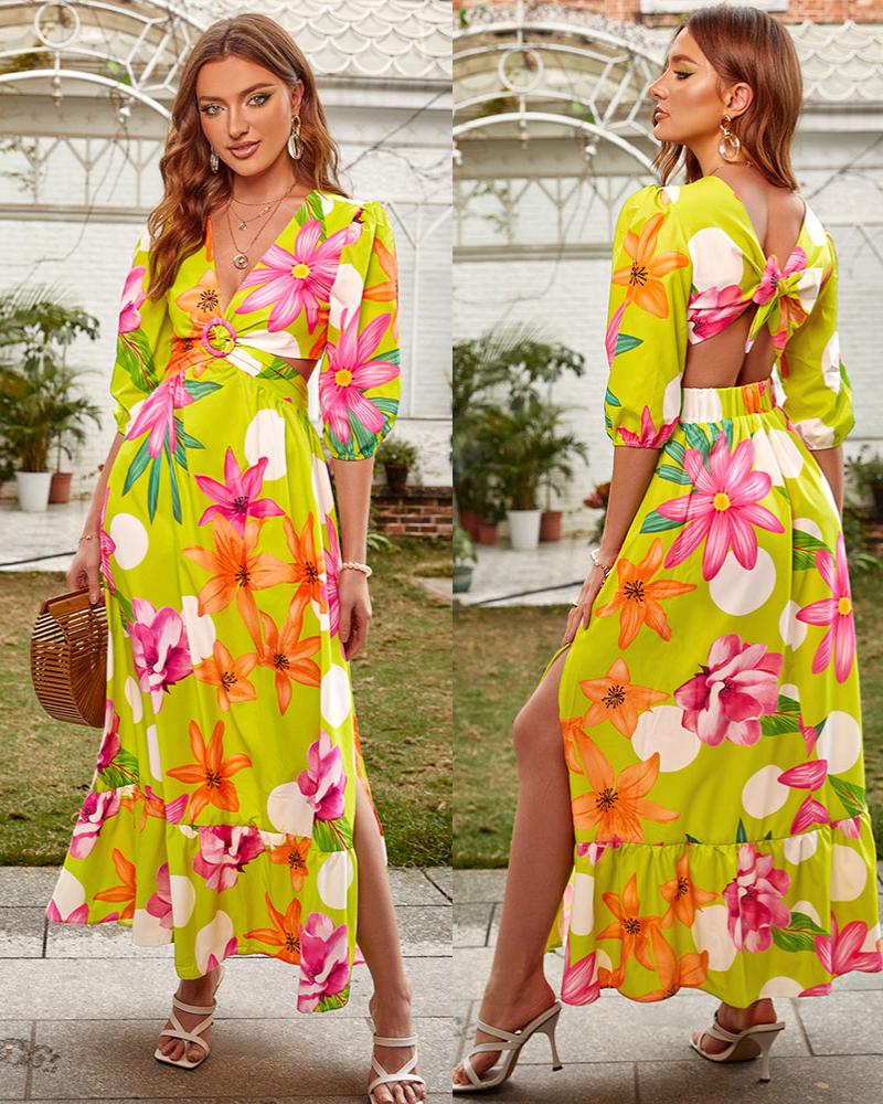 

Floral Print O-Ring Twisted Cutout Split Thigh Maxi Dress, Green