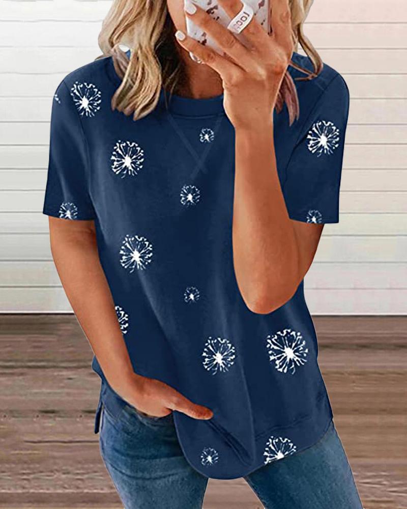 

Dandelion Print Round Neck Short Sleeve T-Shirt, Blue