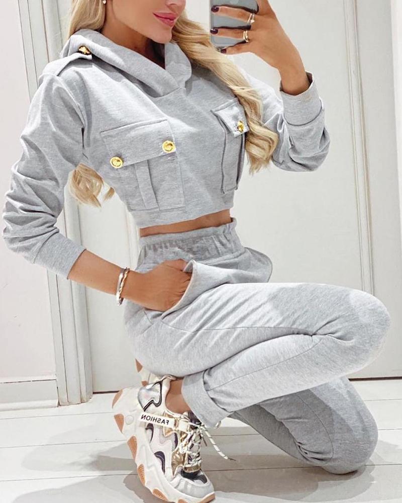 

2PCS Button Decor Crop Hoodie & Stretchy Waist Pocket Design Pants Set, Light gray