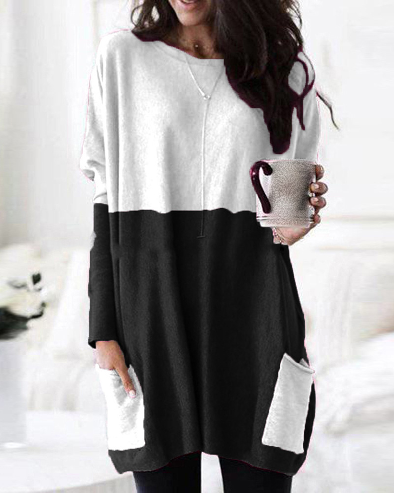 

Pocket Design O Neck Colorblock Casual Top, Black