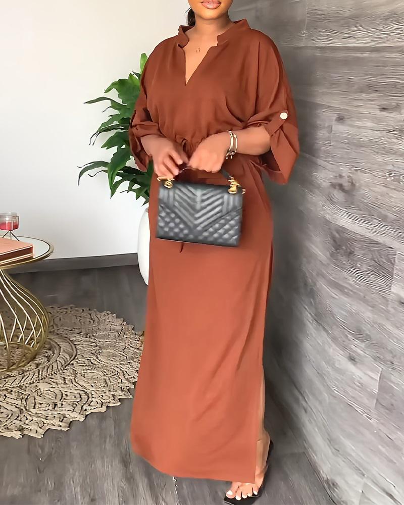 

Roll Up Sleeve Drawstring Waist Split Hem Maxi Dress, Brown