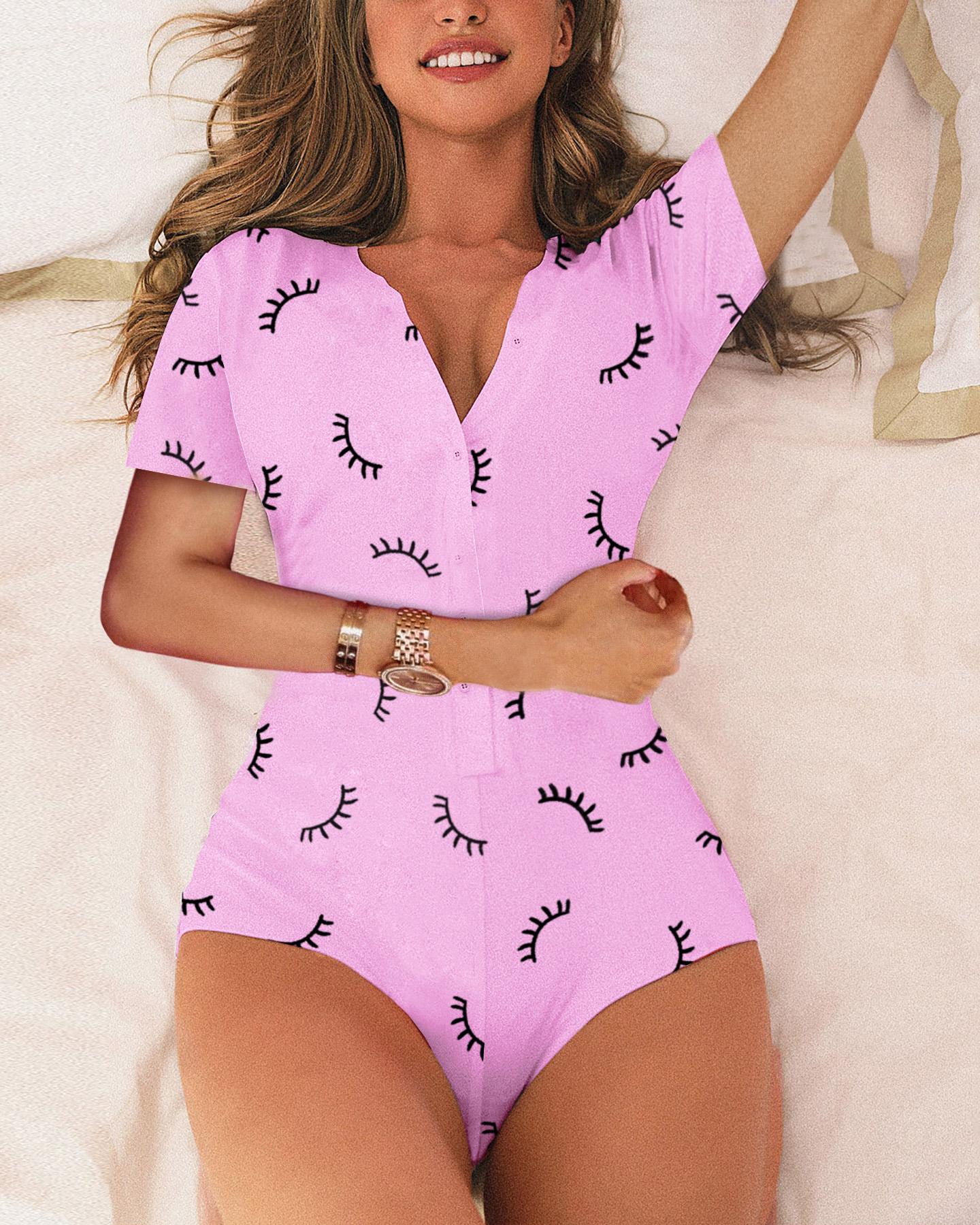 

Eyelash Print Letter Pattern Deep-V Romper, Purple
