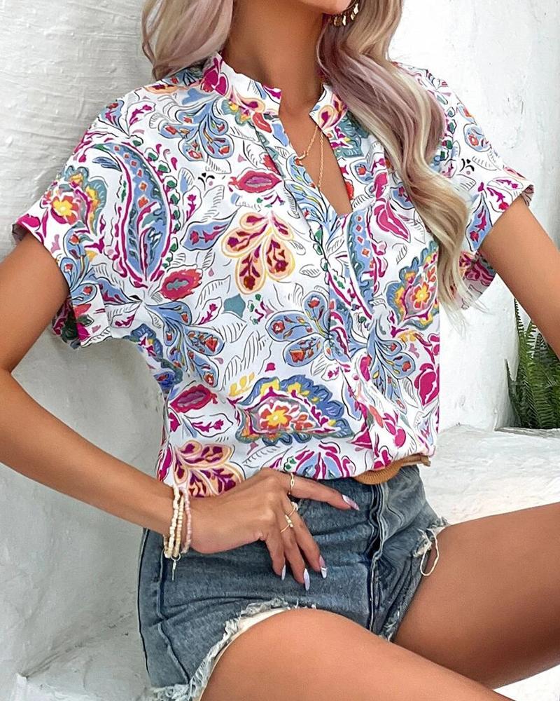 

Paisley Print Notch Neck Casual Blouse, Blue