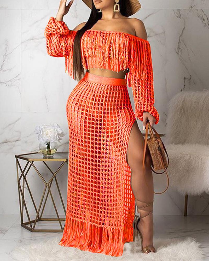 

Crochet Casual Mesh Tassel Beach Top & Skirt Sets Swimwear Cover-ups, Orange