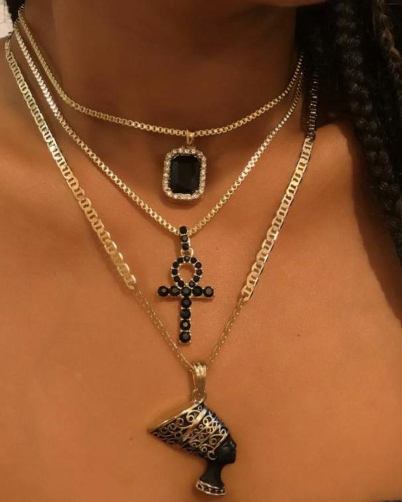 

Cross Figure Gemstone Pendant Multilayer Chain Necklace, Gold