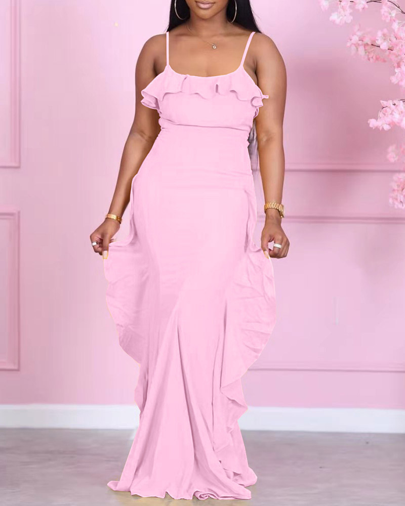 

Spaghetti Strap Ruffles Trim Maxi Dress, Pink