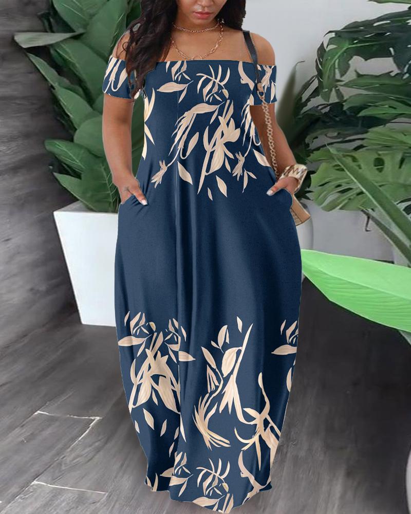 

Plus Size Plants Print Maxi Dress, Blue