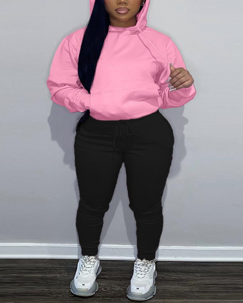 

Plus Size Long Sleeve Drawstring Hoodie & Pants Set, Pink