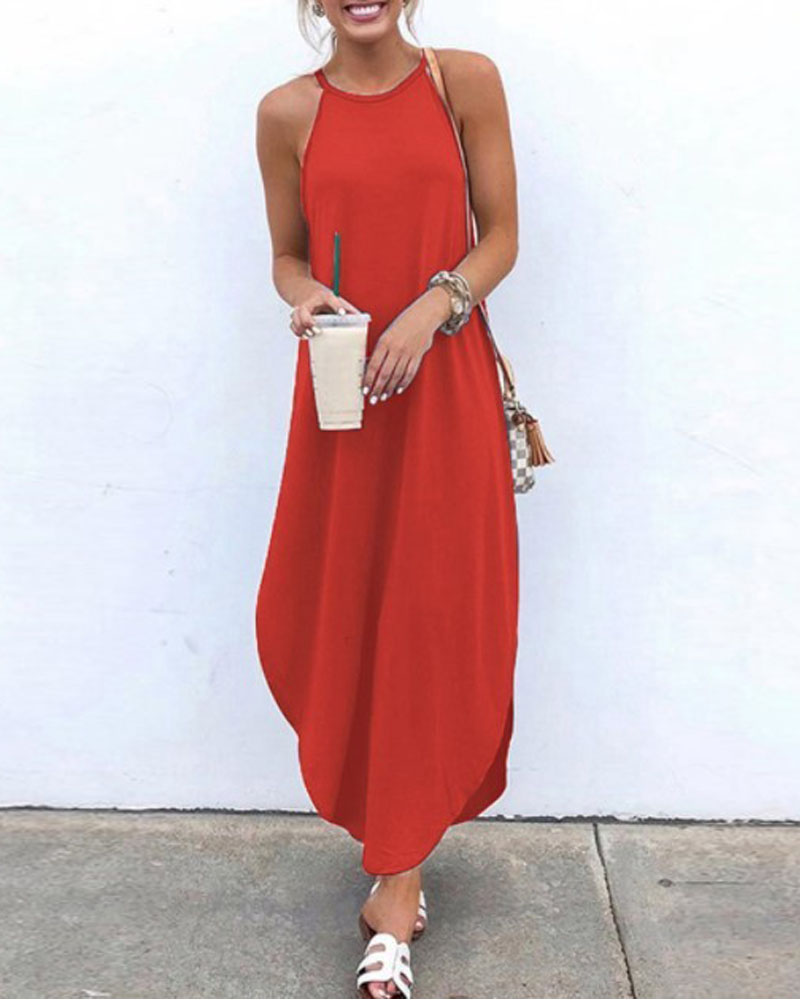 

Plain Round Neck Sleeveless Casual Dress, Orange