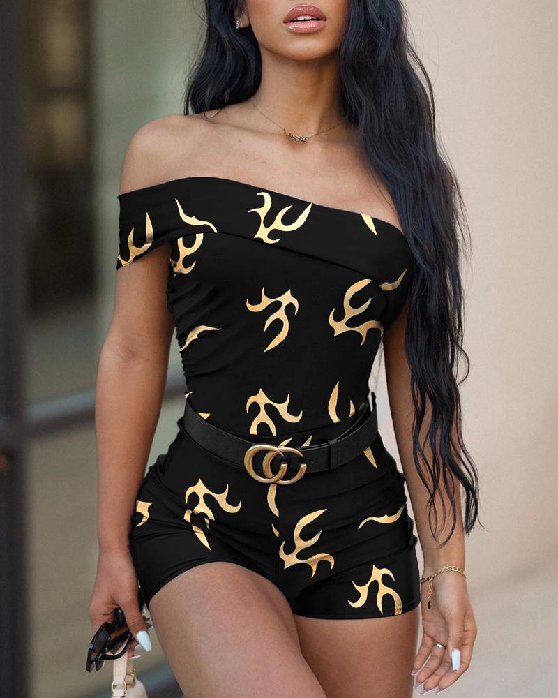 

Fire Print Off Shoulder Skinny Romper, Black