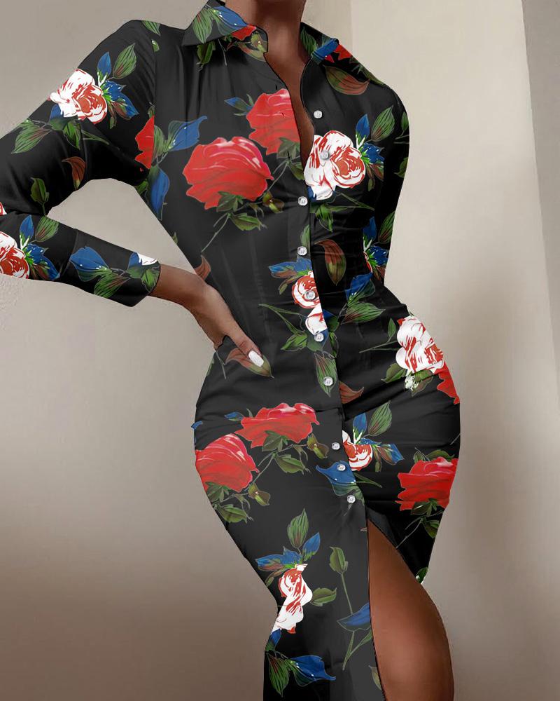 

Floral Print Button Front Shirt Dress, Multicolor