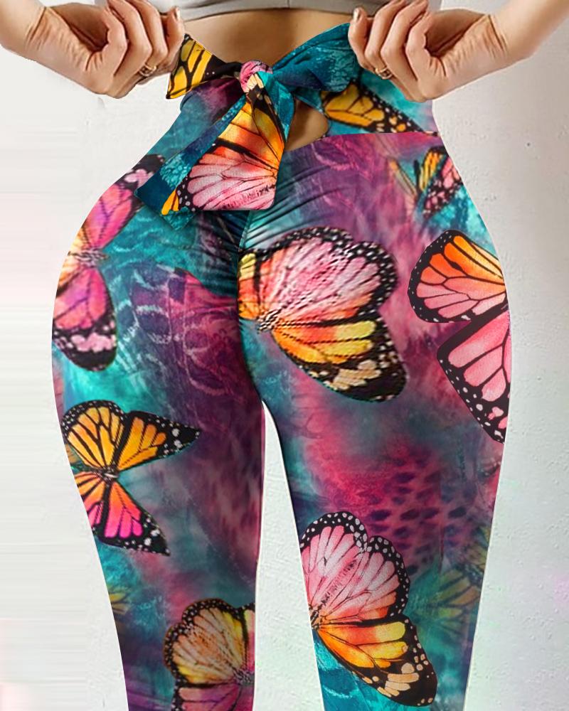 

Butterfly Tie Dye Print Bowknot Tummy Control Workout Tights Scrunch Butt Leggings, Multicolor