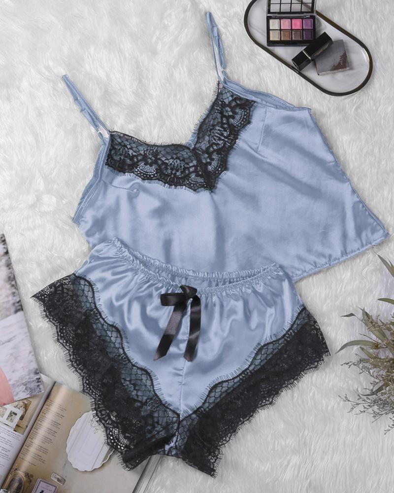 

Contrast Lace V-Neck Cami Set, Blue