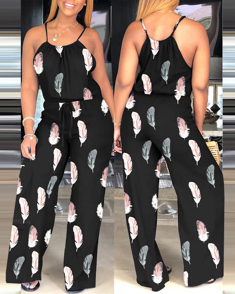 

Feather Print Spaghetti Strap Drawstring Jumpsuit, Black