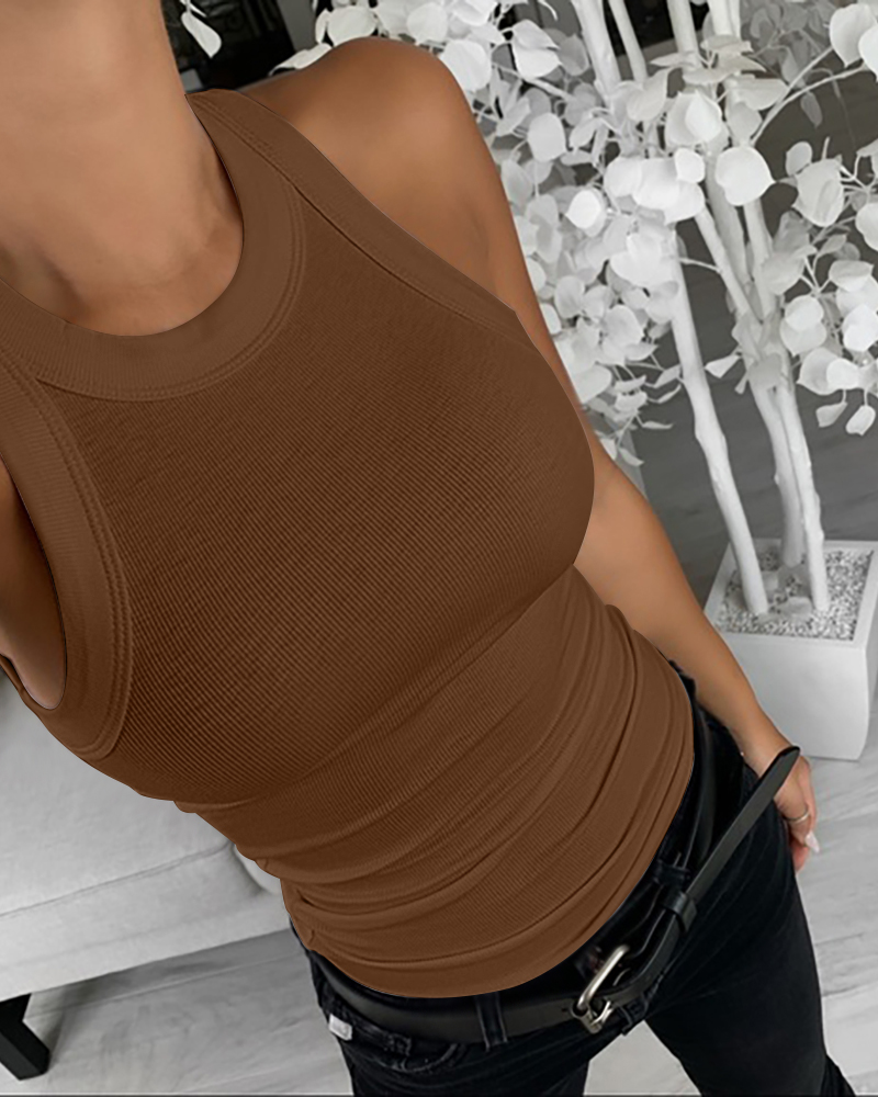 

Summer Sleeveless Basic Cami Top Shirt Slim Knit Ribbed Racerback Blouses Tank Tops, Coffee