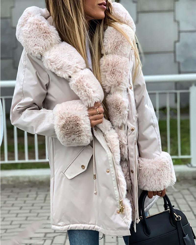 

PU Leather Faux Fur Patch Hooded Drawstring Coat, Beige