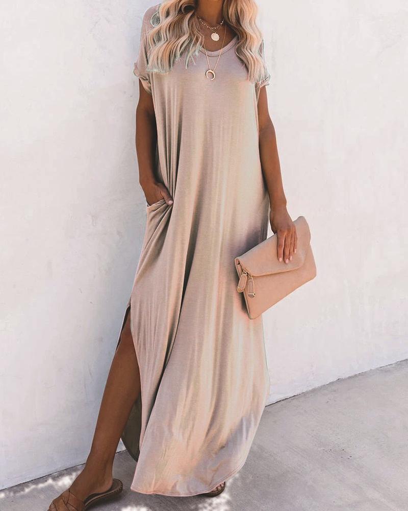 

Pocket Design V-Neck Slit Maxi Dress, Pink