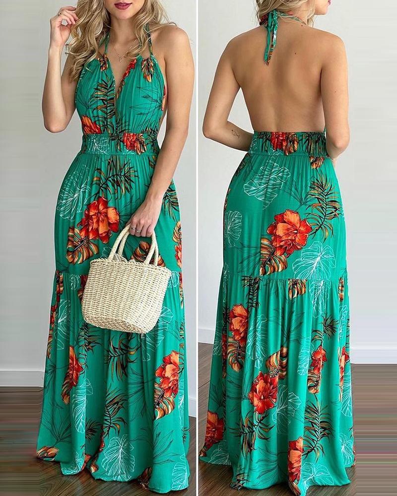

Tropical Print Halter Backless Maxi Dress, Green