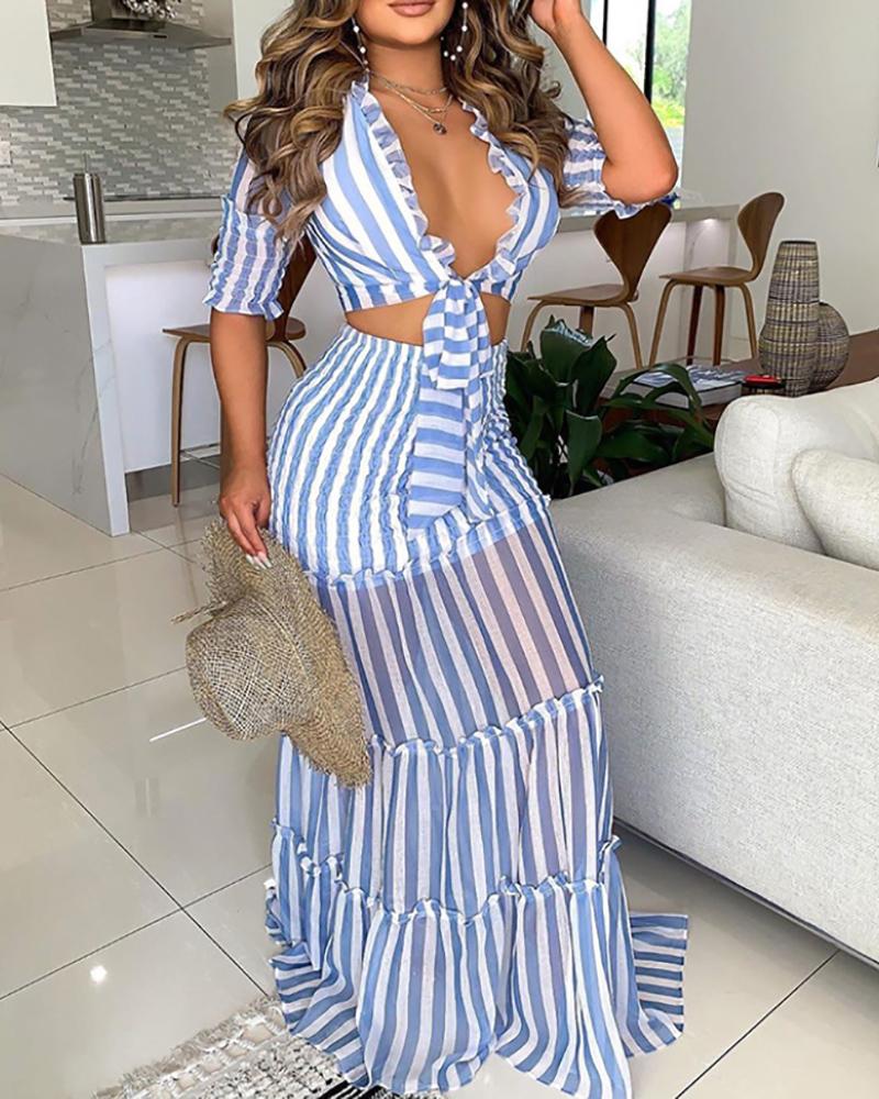 

Striped Print Deep V Neck Maxi Bodycon Dress, Blue