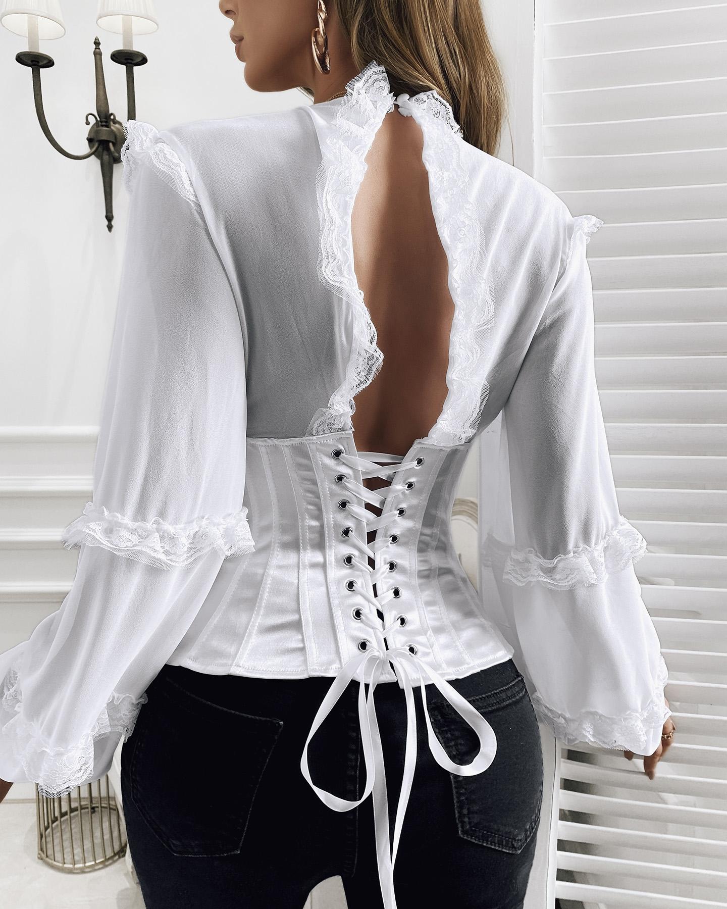 

Eyelet Lace-up Frill Hem Backless Crop Top, White