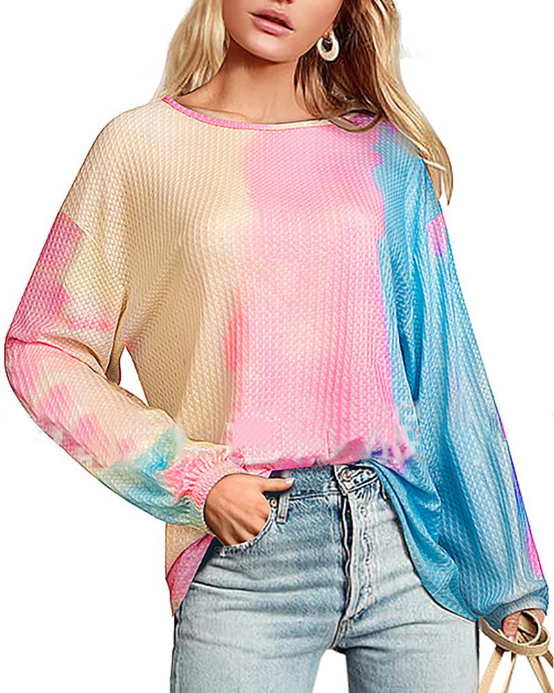 

Tie Dye Print Lantern Sleeve Casual Top, Pink