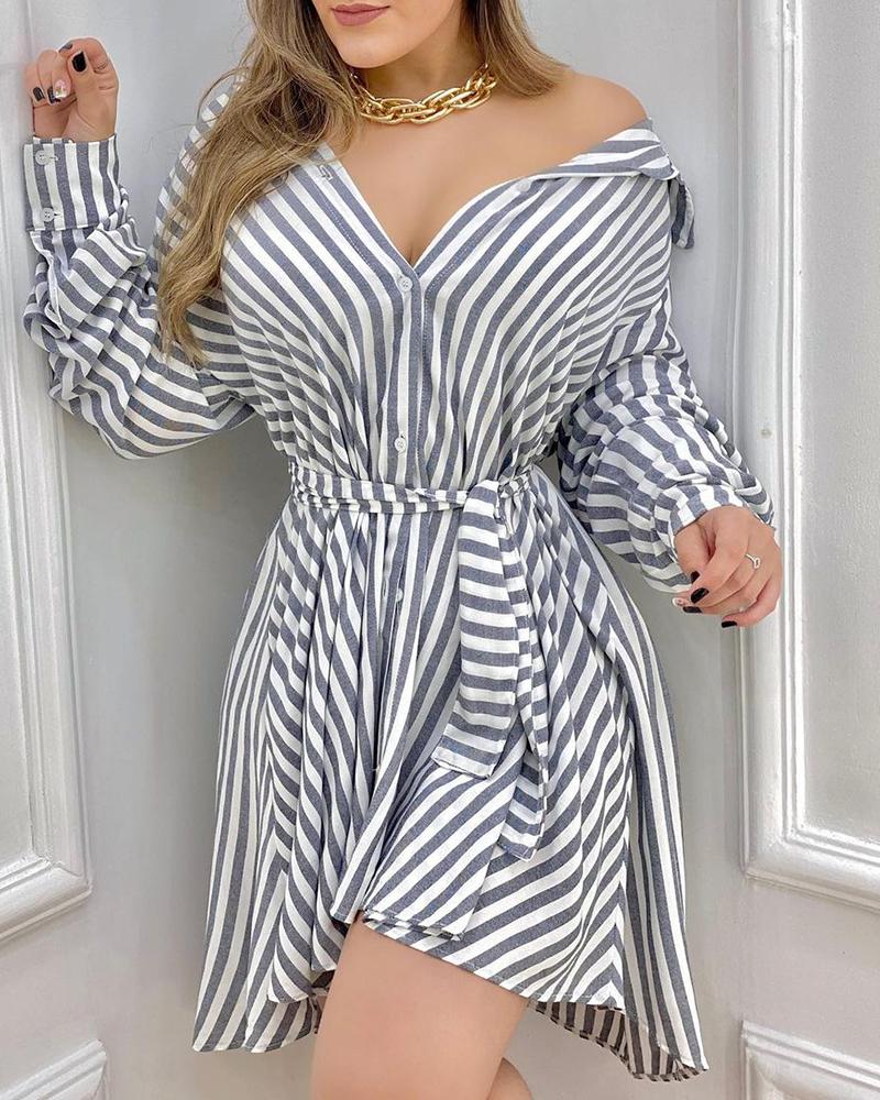 

Striped Button Design Long Sleeve Shirt Dress, Gray