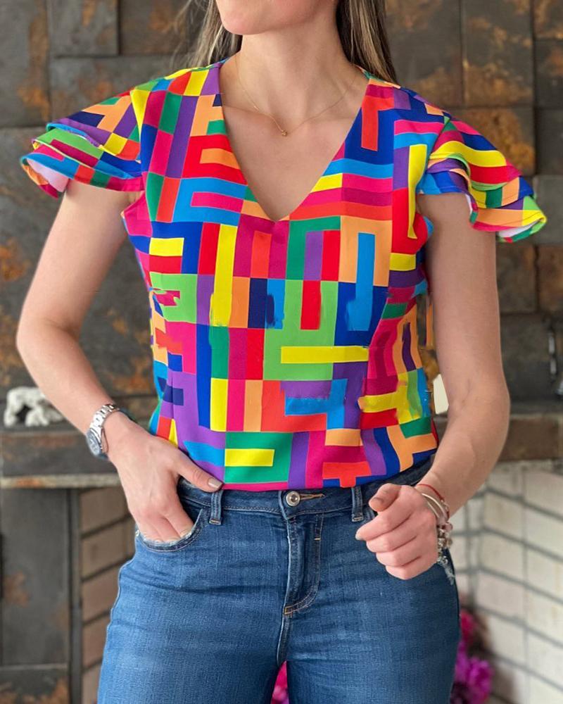 

Geometric Print Flutter Sleeve Top, Multicolor