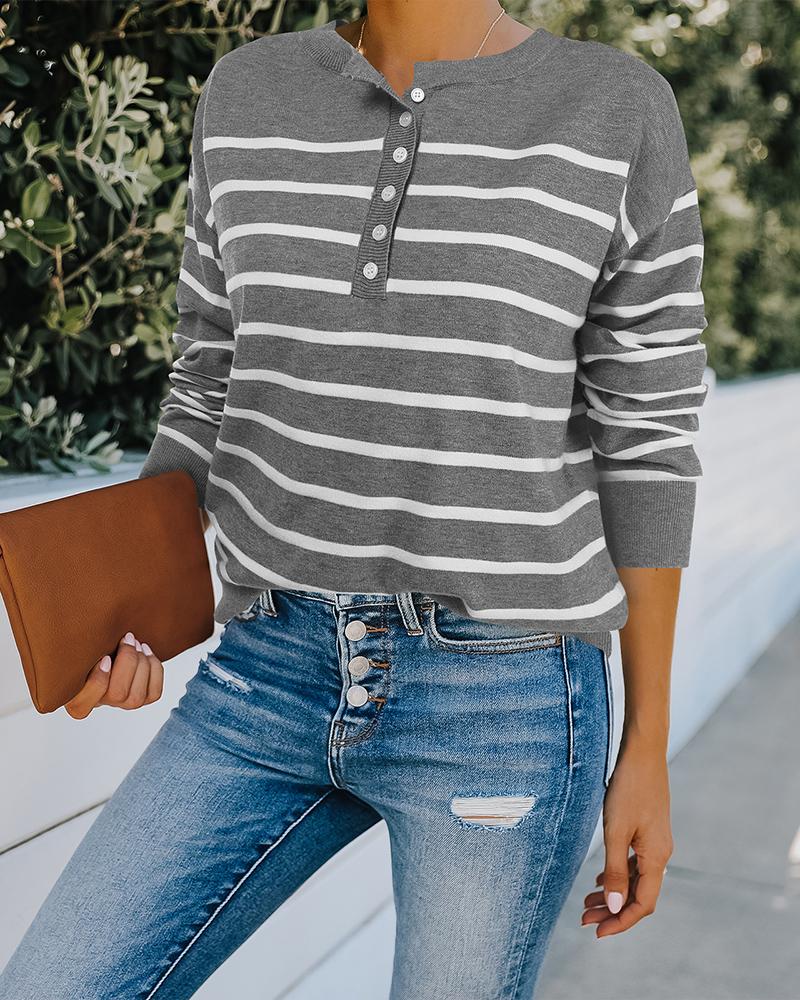 

Striped Button Front Long Sleeve Knit Top, Gray
