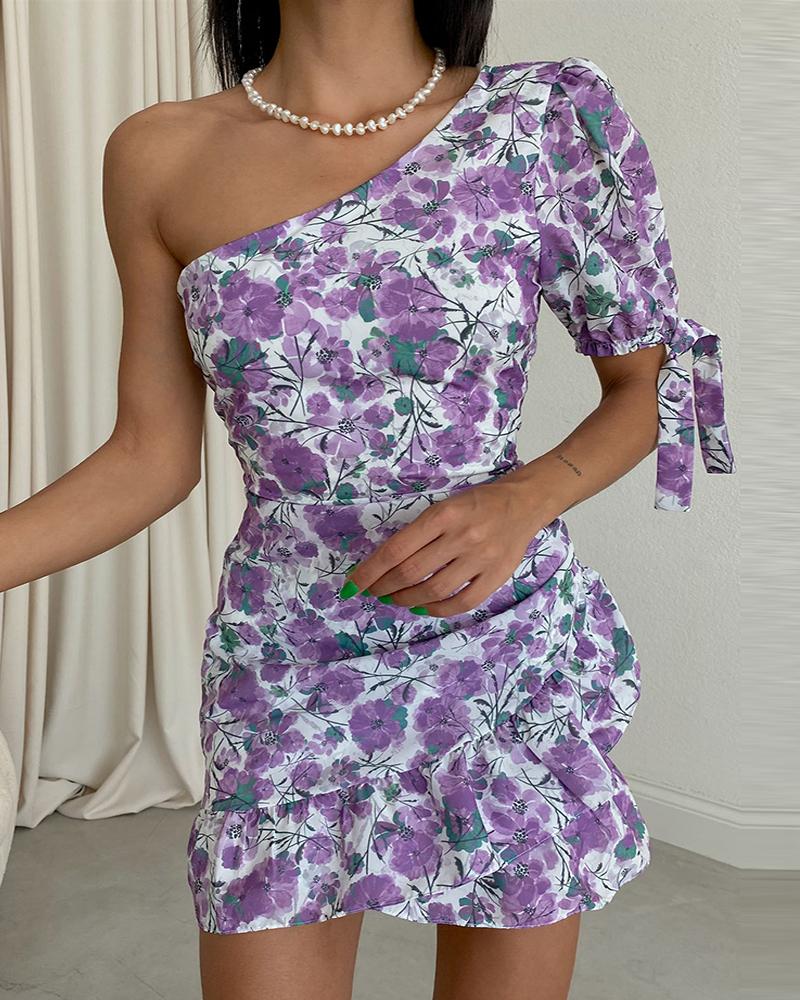 

One Shoulder Floral Print Layered Ruffles Dress, Light purple