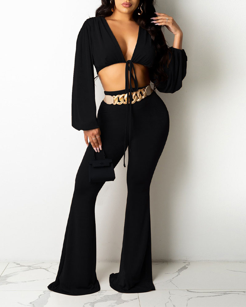 

Lantern Sleeve Tie Front Crop Top & Flare Leg Pants Set, Black