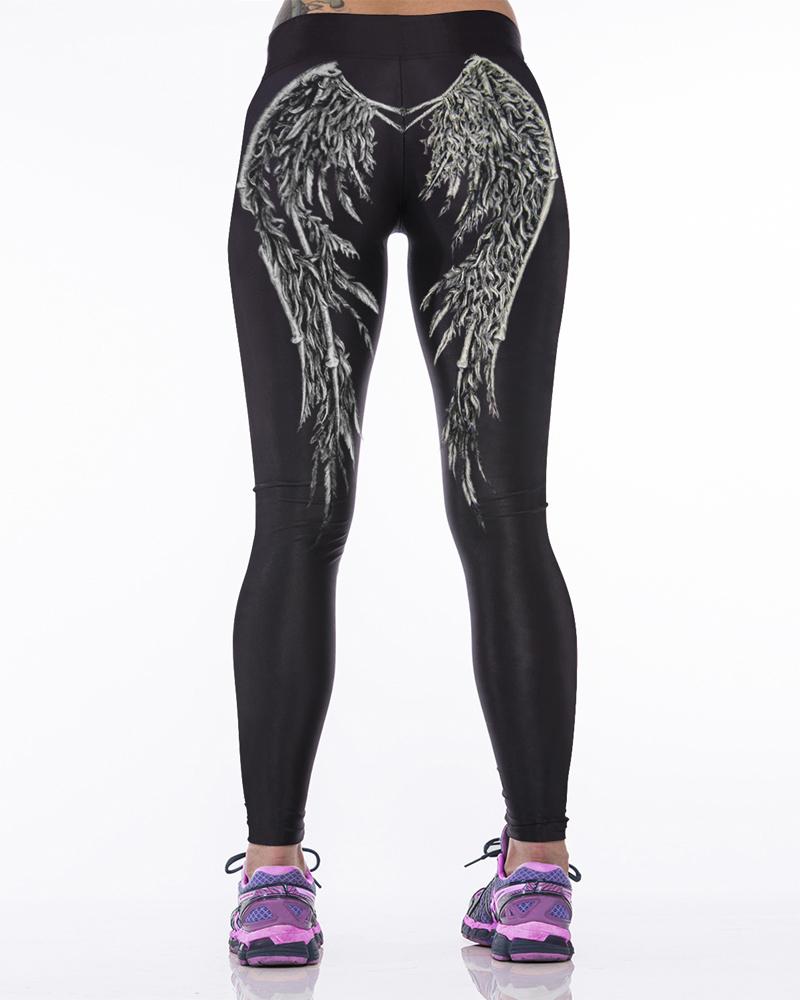 

Angel Wings Print Butt Lifting Leggings, Black