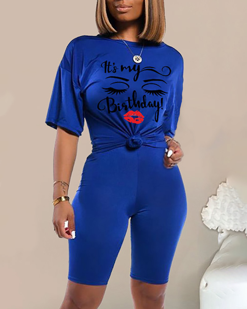 

Letter Print Round Neck Top & Shorts Set, Dark blue