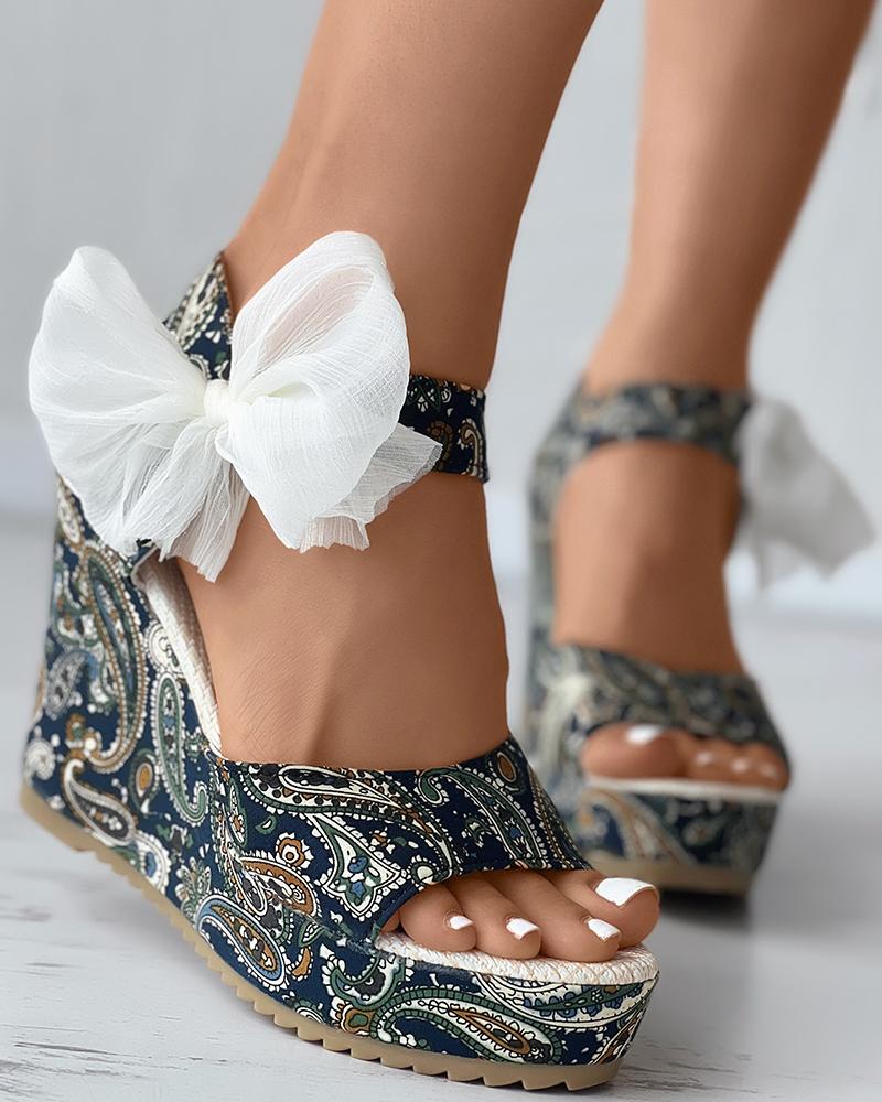 

Paisley Bowknot Bohemian Wedge Sandals, Green