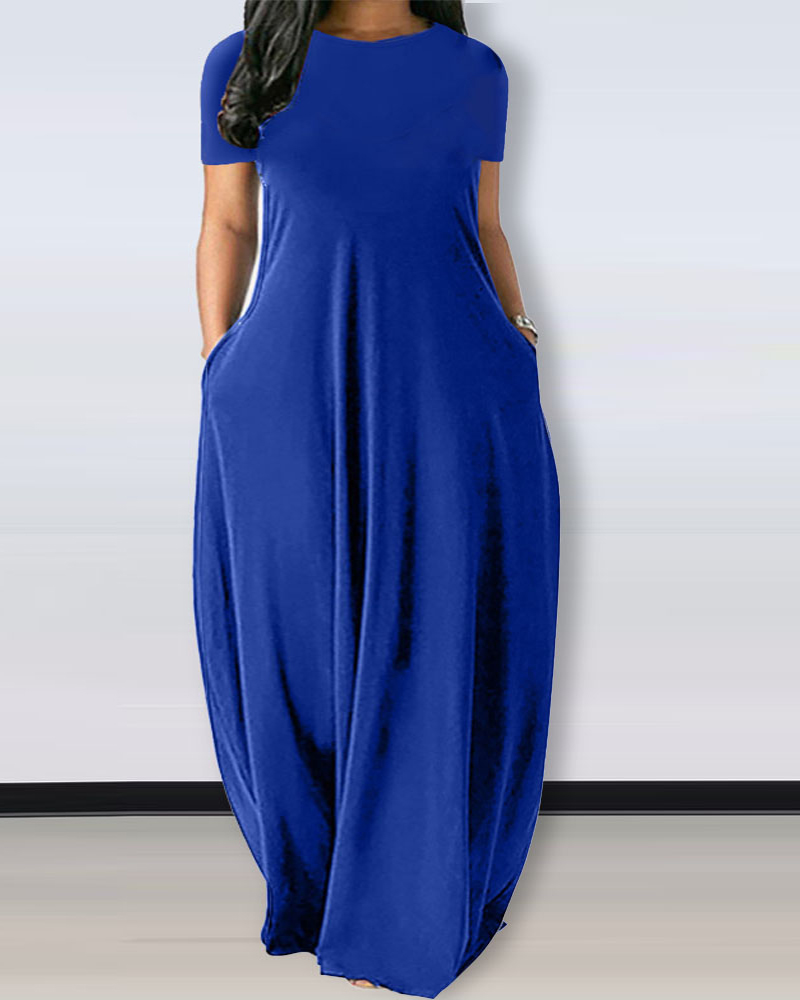 

Plus Size Short Sleeve Pocket Detail Casual Dress, Blue