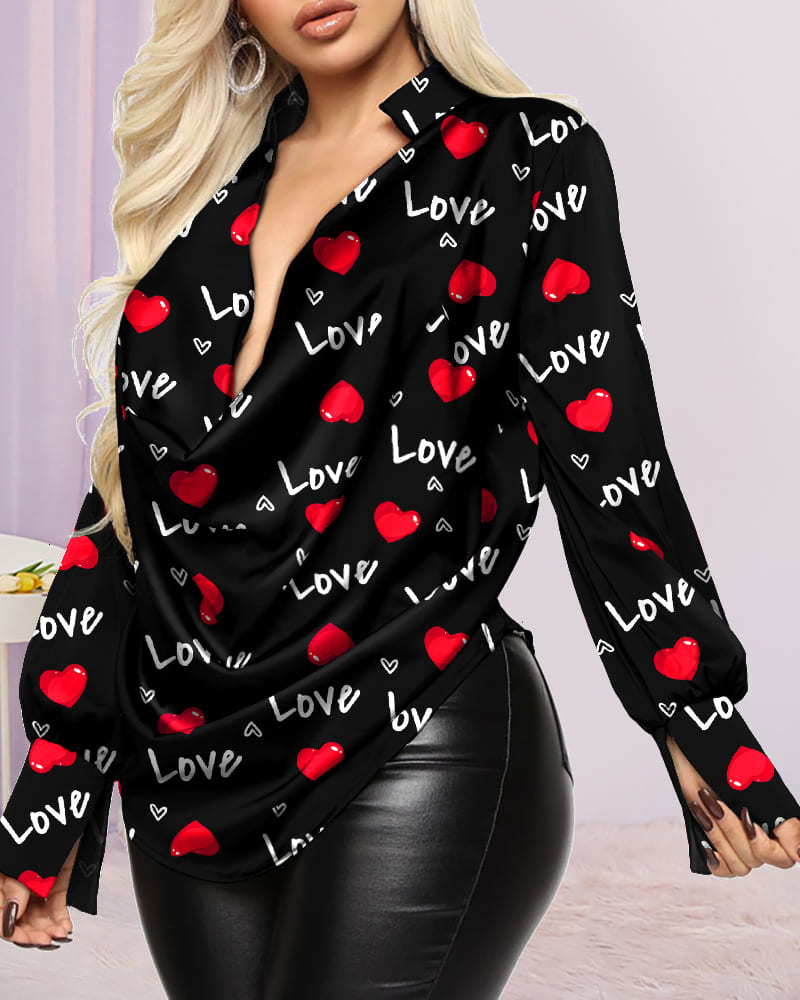 

Plus Size Valentine's Day Love Heart Print Cowl Neck Top, Black