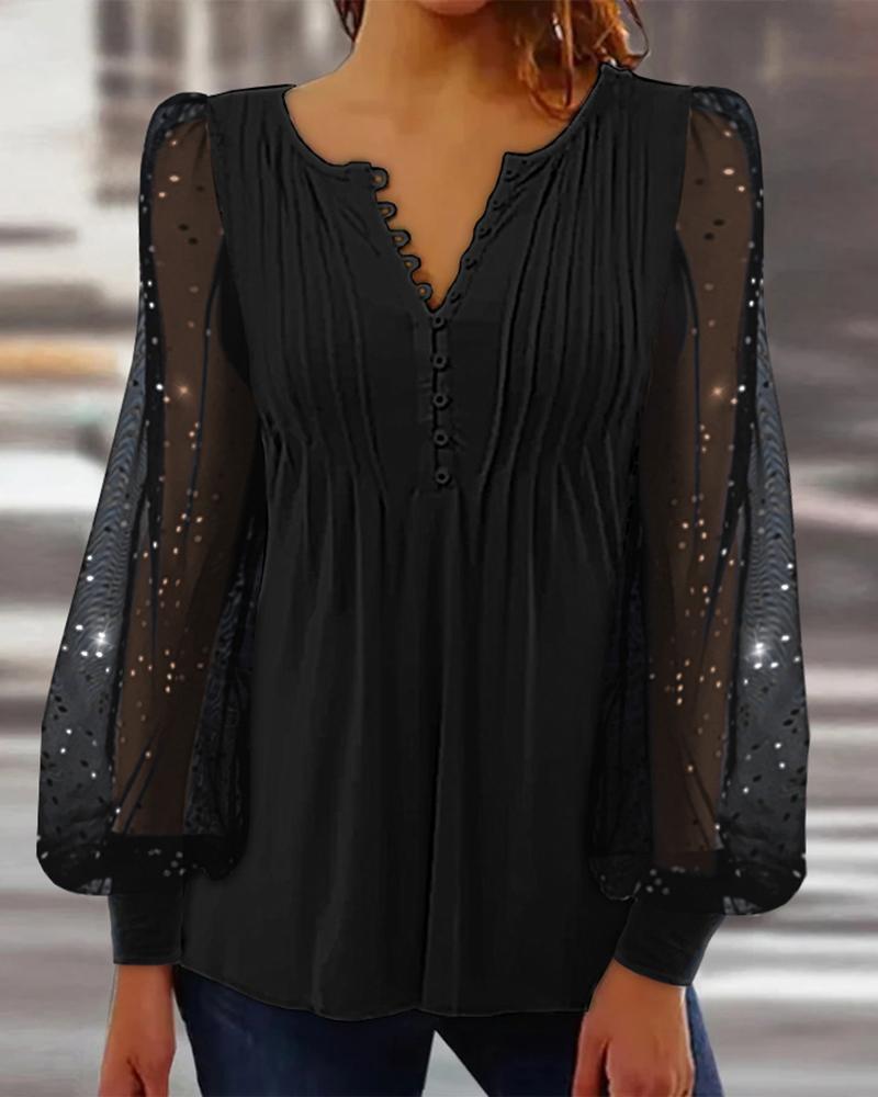 

Contrast Mesh Puff Lantern Sleeve Button Front Top, Black