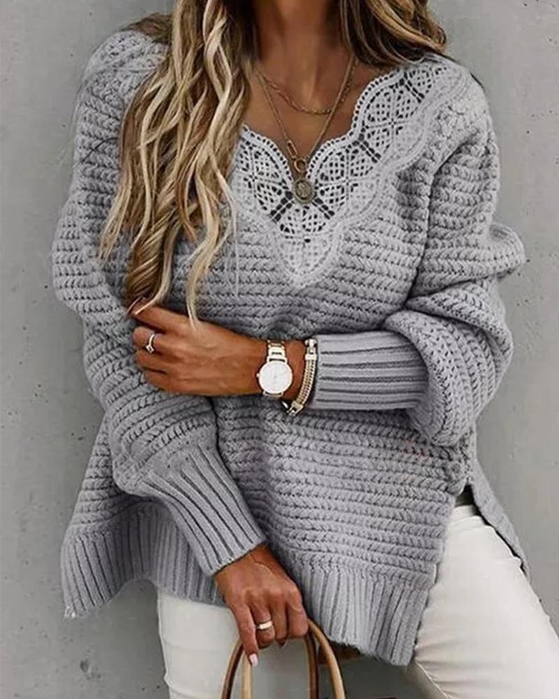 Buy Contrast Lace Split Hem Long Sleeve Sweater. Picture