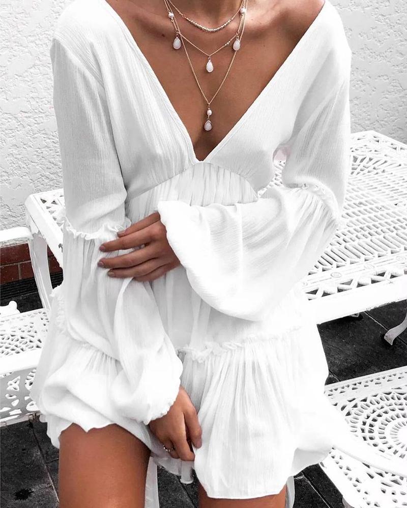 

Plian V Neck Lantern Sleeve Ruched Mini Dress, White