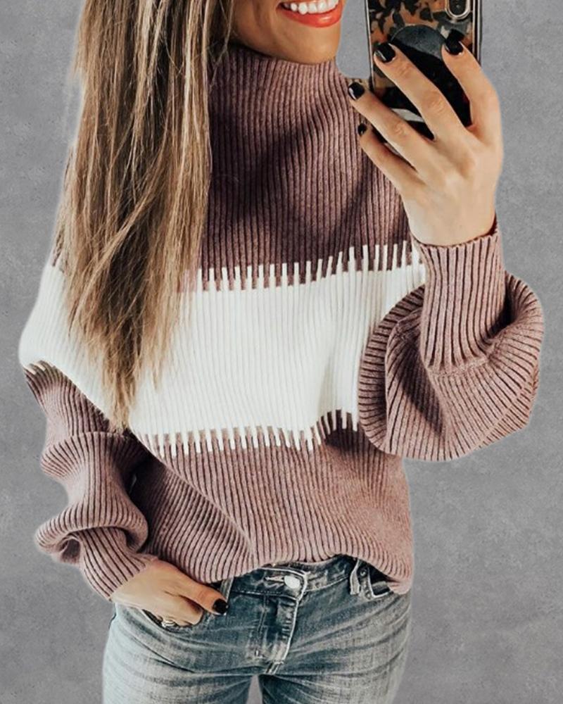 

Colorblock Ribbed High Neck Sweater, Light purple