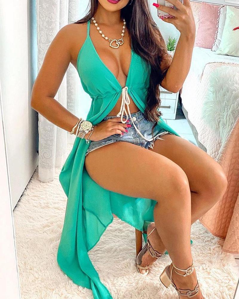 

Halter Tie Front Slit Casual Dress, Green