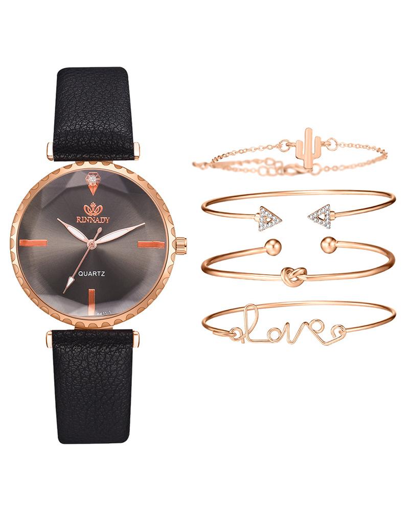 

PU Leather Strap Pointer Quartz Watch & Bracelet Set, Black