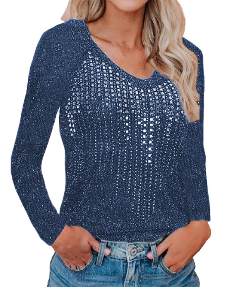 

V Neck Rhinestone Decor Long Sleeve Knit Top, Blue