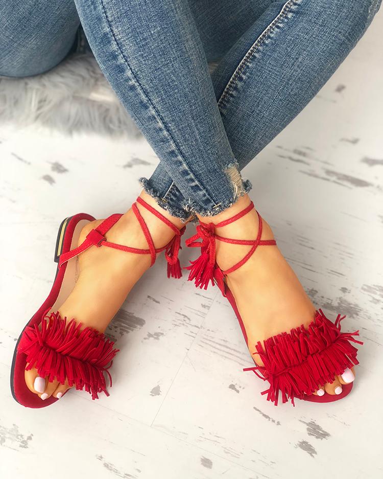 

Strappy Tassel Open Toe Flat Sandals, Red